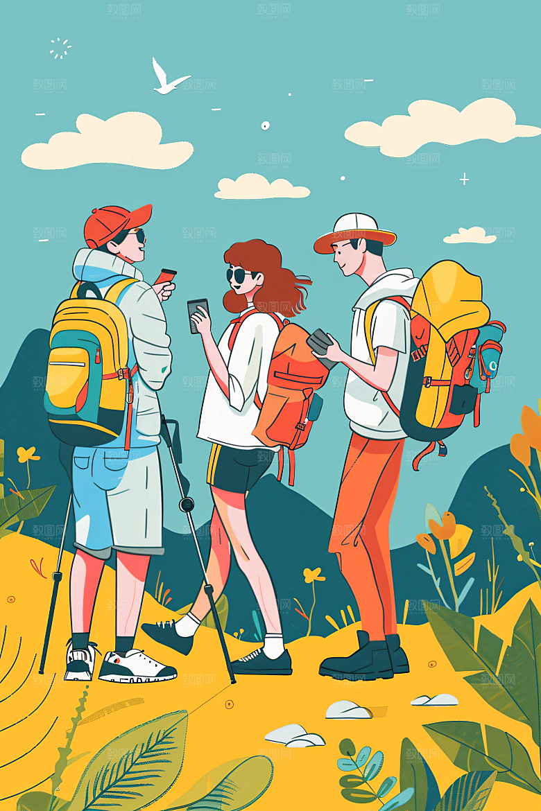 扁平风旅游彩色手绘插画