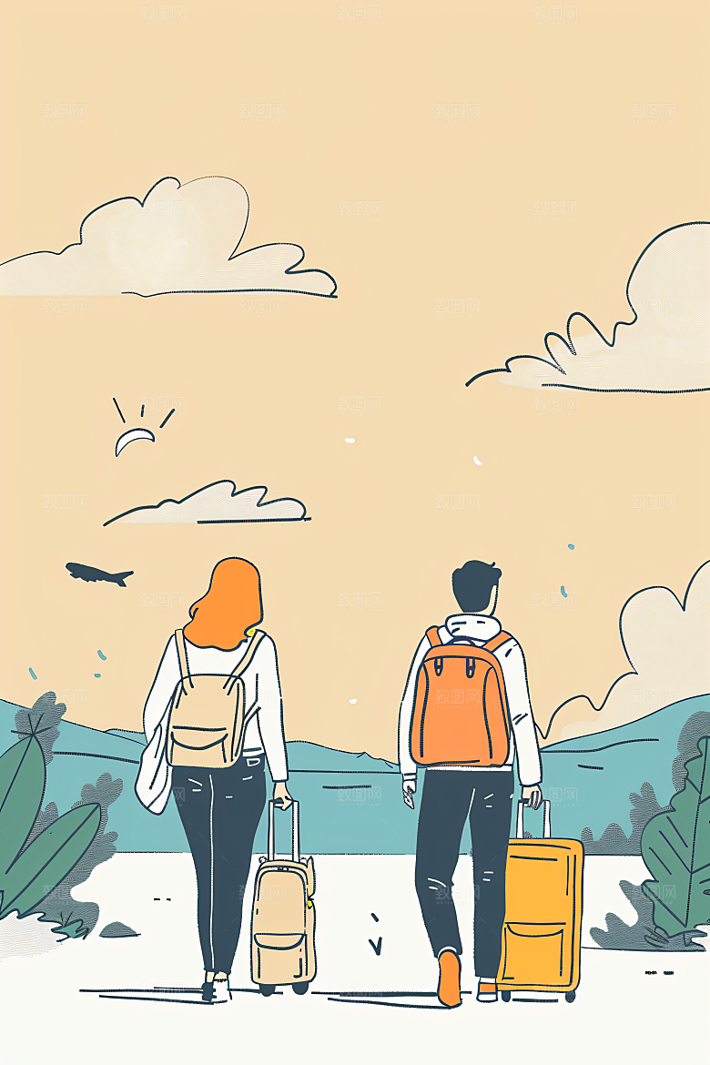 扁平风旅游手绘踏青插画