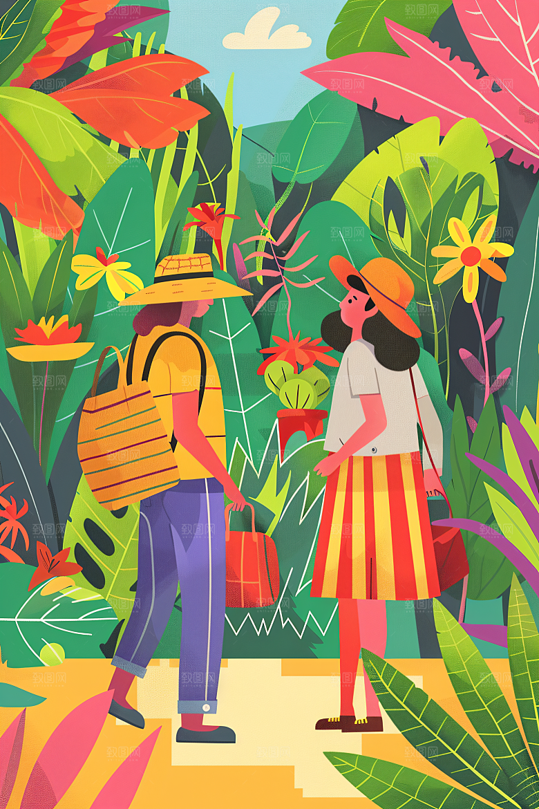 扁平风旅游自由行旅行插画
