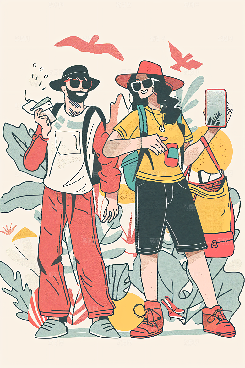 扁平风旅游自由行清新插画