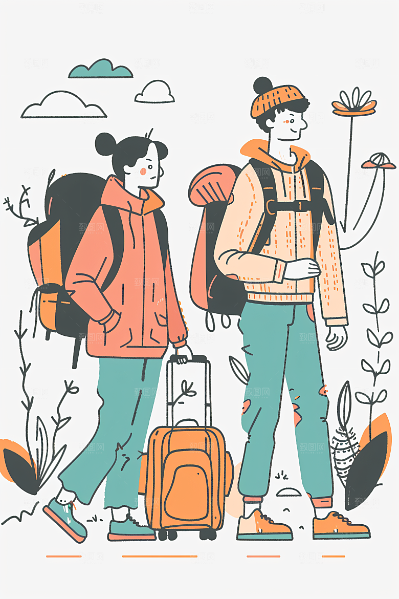 扁平风旅游踏青旅行插画