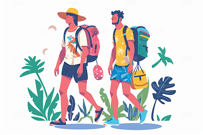 扁平风旅游清新氛围感插画