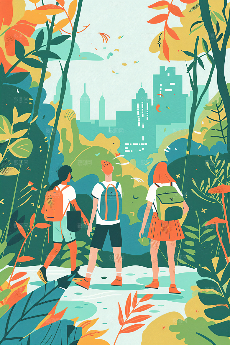 扁平风旅游彩色手绘插画