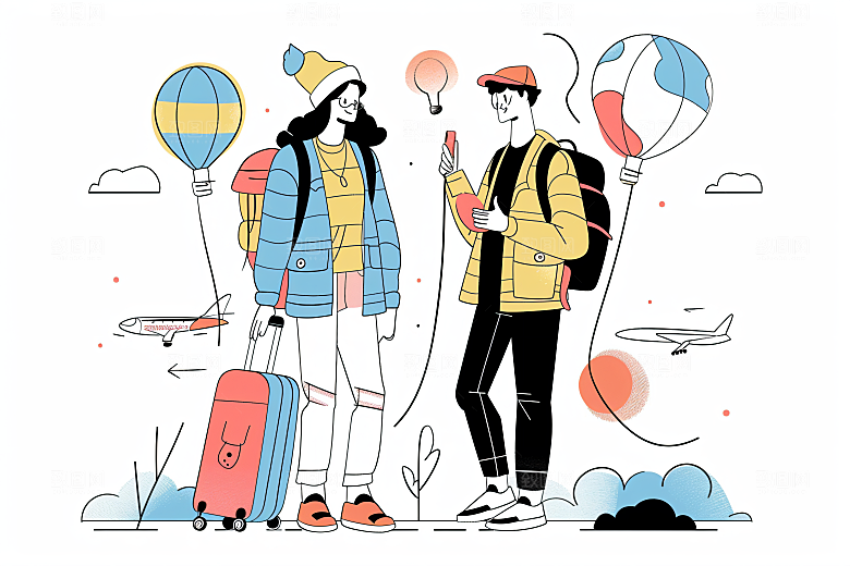 扁平风旅游山野自由行插画