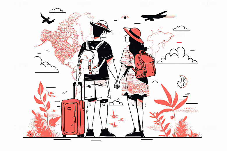 扁平风旅游清新自由行插画