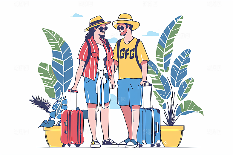 扁平风旅游彩色徒步插画