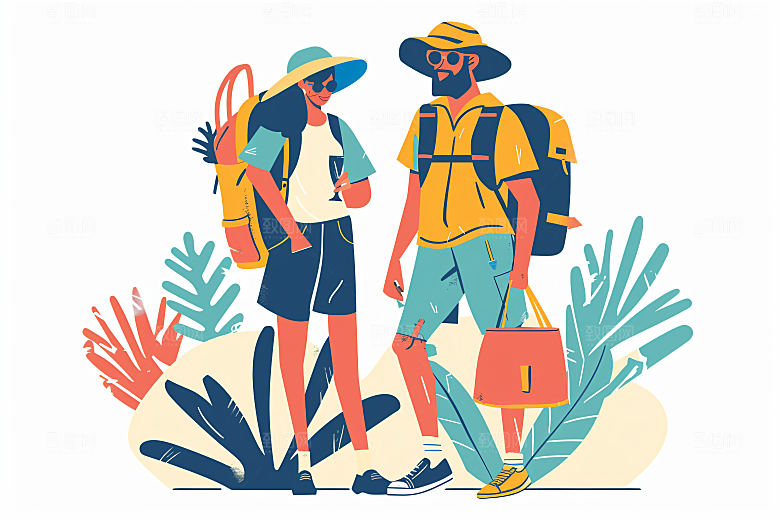 扁平风旅游清新氛围感插画
