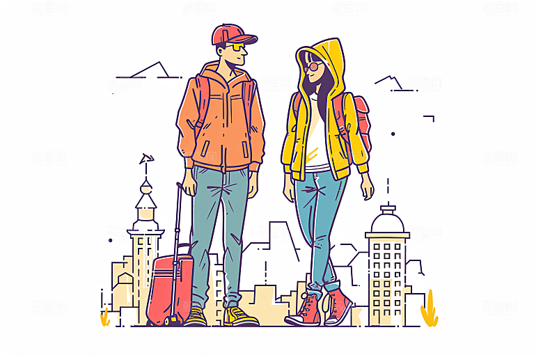 扁平风旅游徒步手绘插画