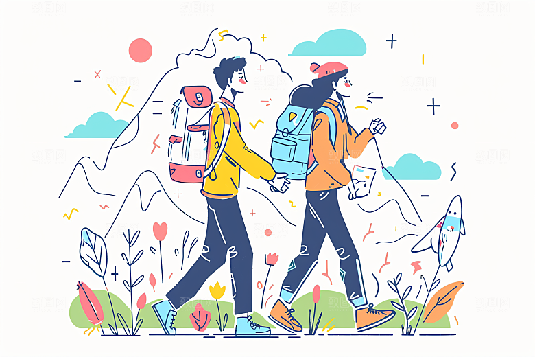 扁平风旅游自由行旅行插画