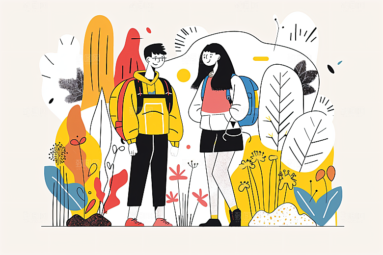 扁平风旅游自由行彩色插画
