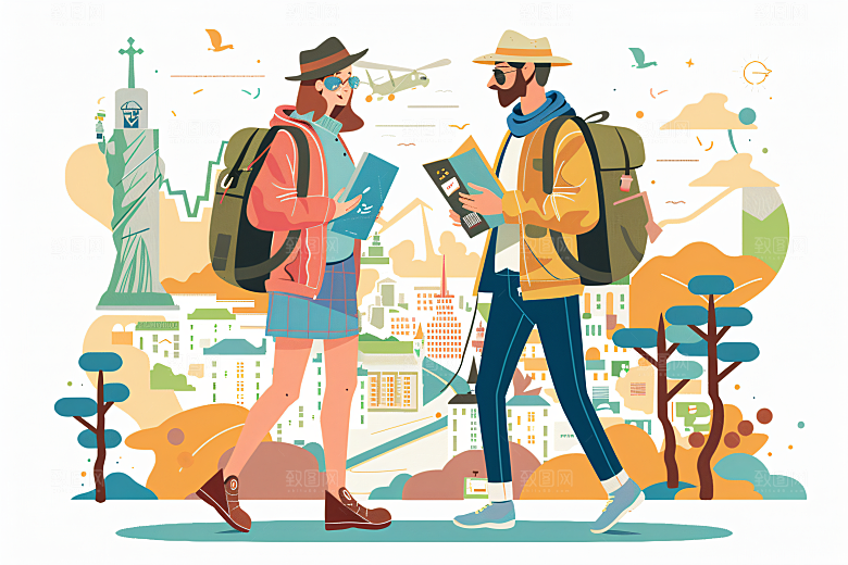 扁平风旅游踏青户外插画