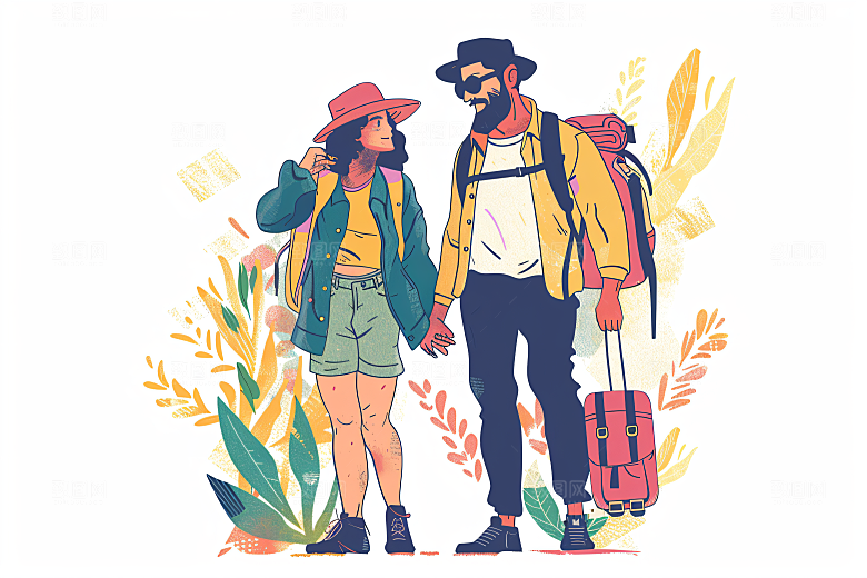 扁平风旅游露营手绘插画