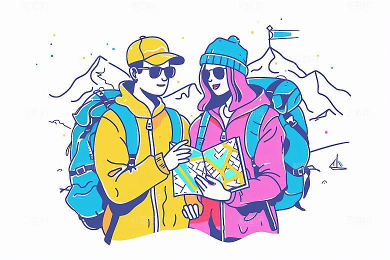 扁平风旅游徒步手绘插画
