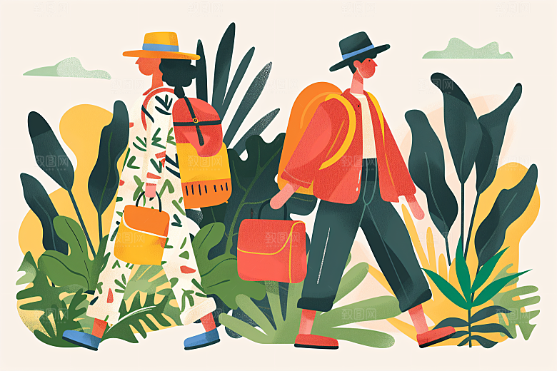 扁平风旅游户外踏青插画