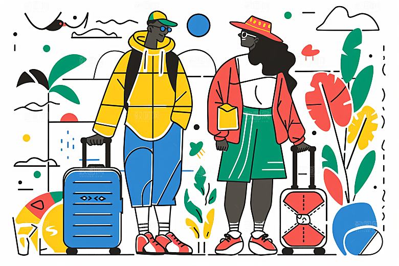 扁平风旅游自由行清新插画