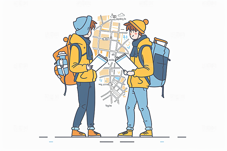 扁平风旅游彩色徒步插画