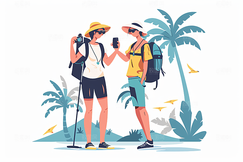 扁平风旅游简约徒步插画