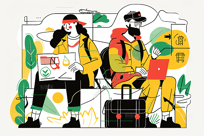 扁平风旅游徒步手绘插画
