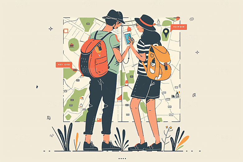 扁平风旅游彩色自由行插画