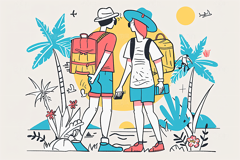扁平风旅游清新露营插画