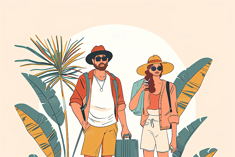 扁平风旅游休闲自由行插画