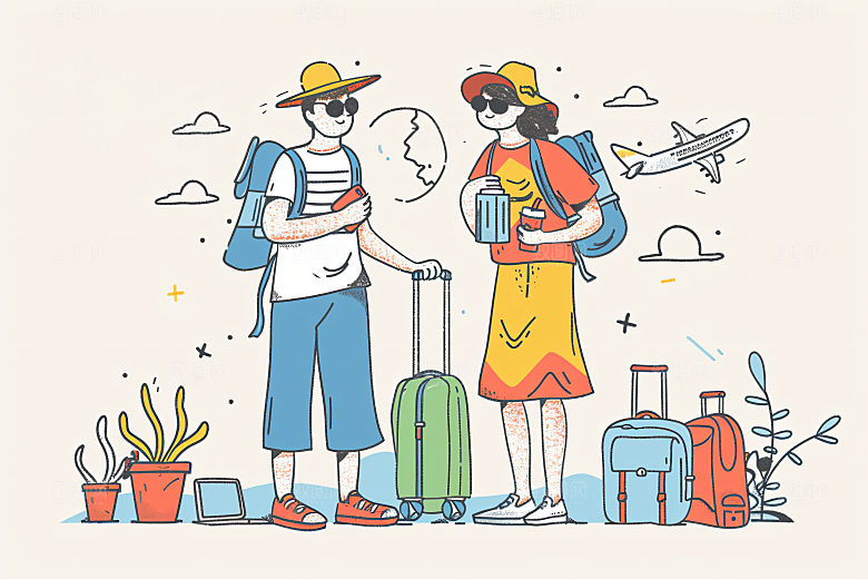 扁平风旅游手绘清新插画