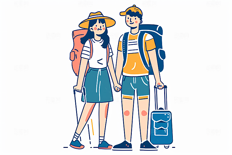 扁平风旅游自由行手绘插画