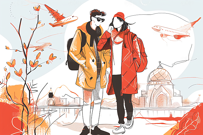 扁平风旅游清新徒步插画