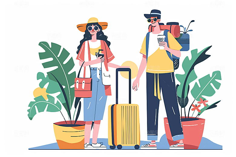 扁平风旅游露营徒步插画