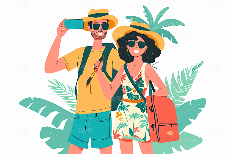 扁平风旅游露营手绘插画