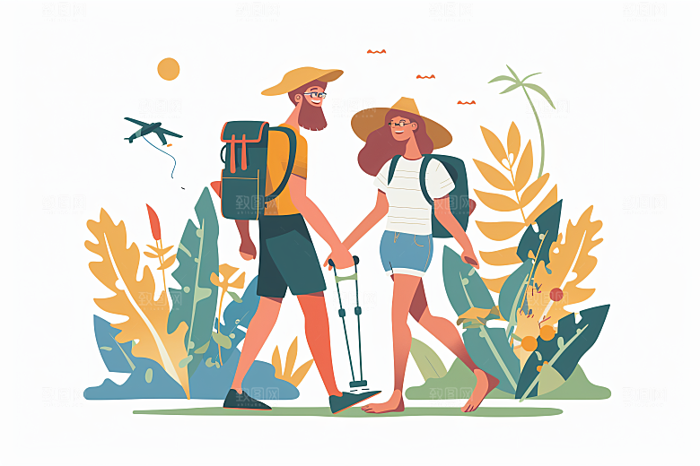 扁平风旅游氛围感彩色插画