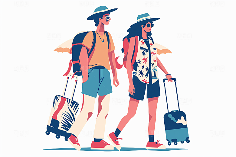 扁平风旅游徒步自由行插画
