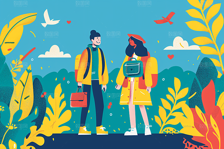 扁平风旅游清新户外插画