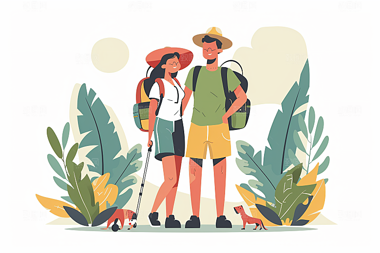 扁平风旅游手绘自由行插画