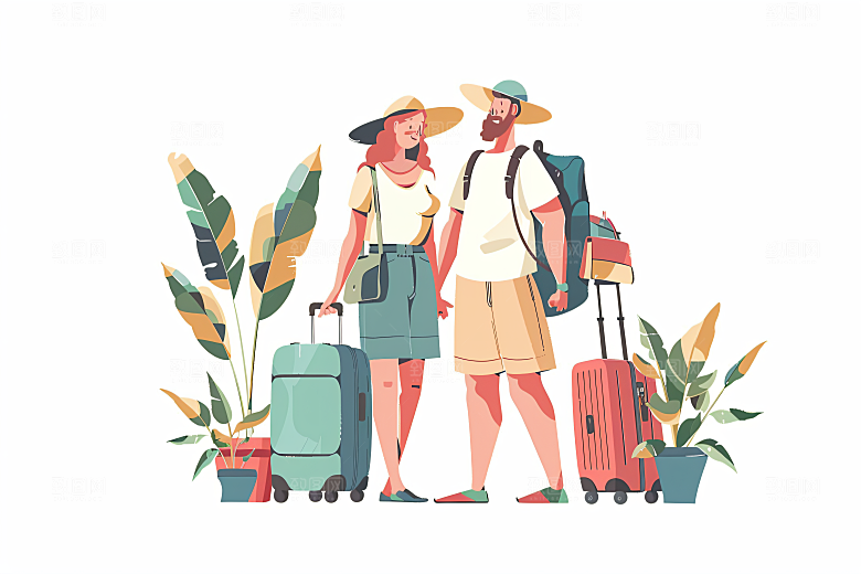 扁平风旅游徒步清新插画