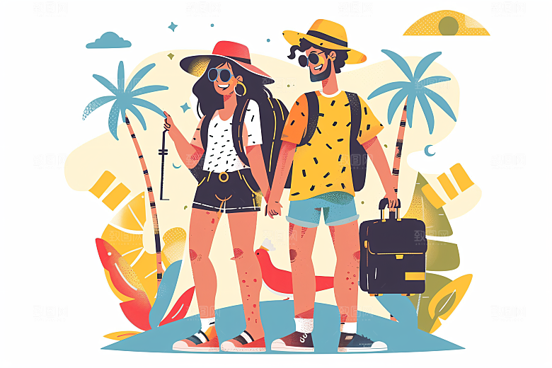 扁平风旅游户外自由行插画