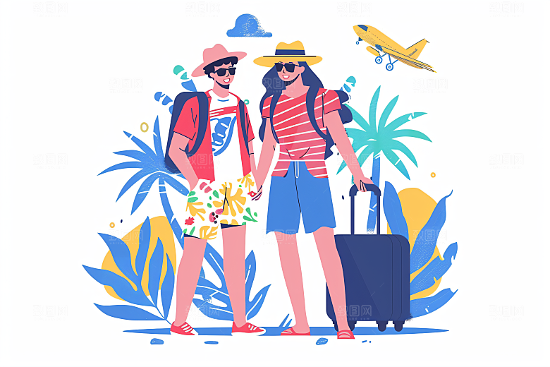 扁平风旅游露营自由行插画