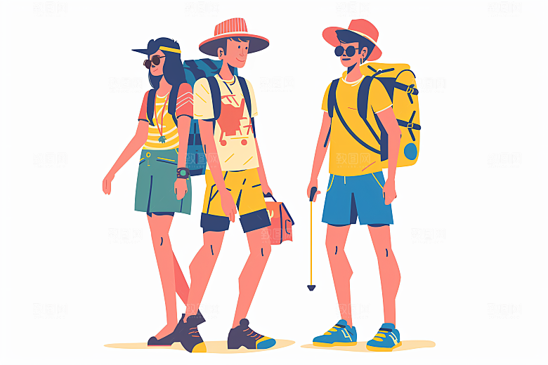 扁平风旅游彩色徒步插画