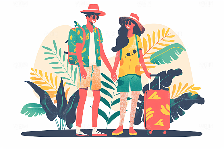 扁平风旅游徒步彩色插画