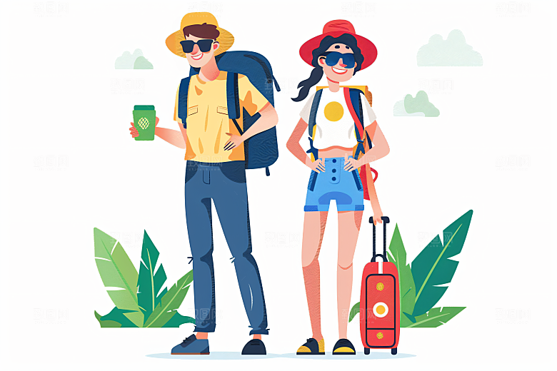 扁平风旅游氛围感徒步插画