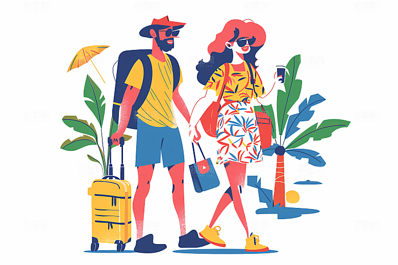 扁平风旅游清新旅行插画