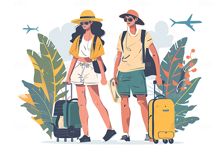 扁平风旅游清新徒步插画