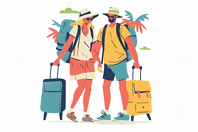 扁平风旅游氛围感徒步插画