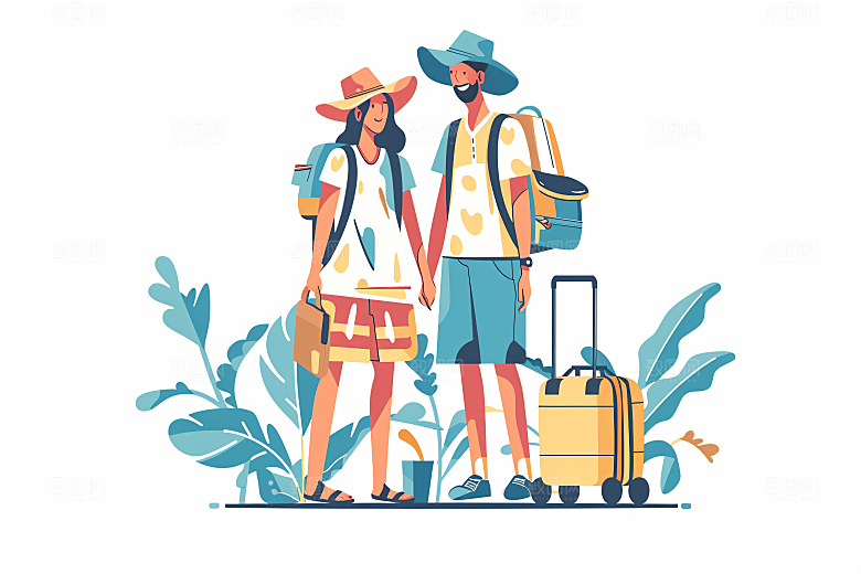 扁平风旅游自由行彩色插画
