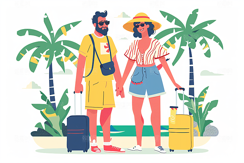 扁平风旅游踏青自由行插画