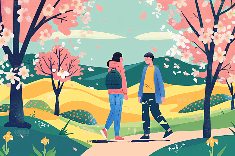 扁平风旅游手绘山野插画