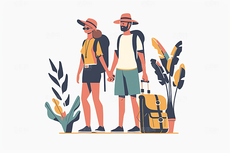 扁平风旅游踏青自由行插画