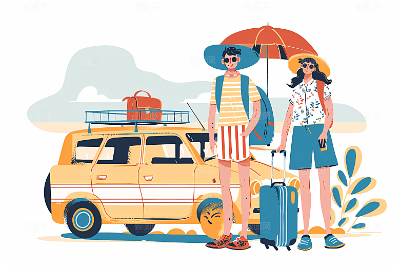 扁平风旅游露营手绘插画