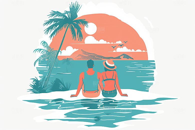 扁平风旅游氛围感手绘插画
