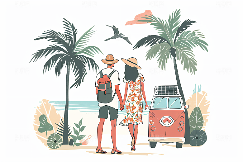 扁平风旅游踏青露营插画